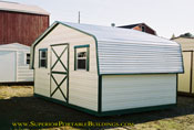 10 x 16 reverse roof barn cream with green trim