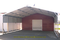Steel carport with rear storage area