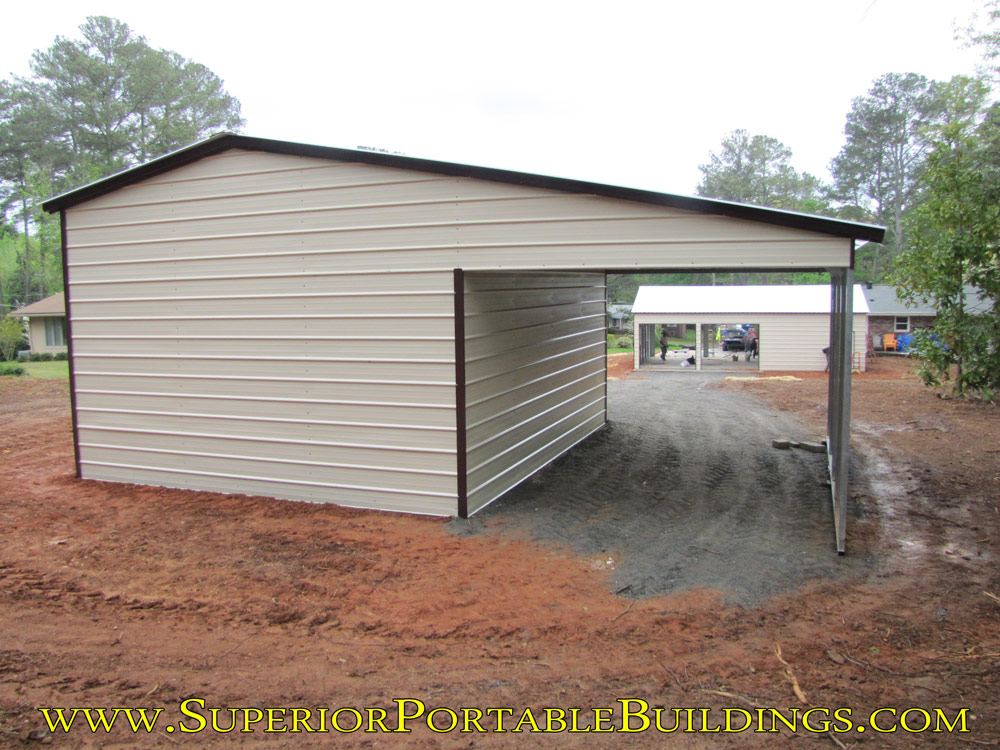 Back side view of steel garage.