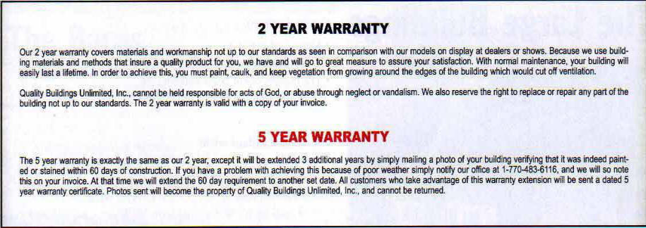 Built on site Warranty info